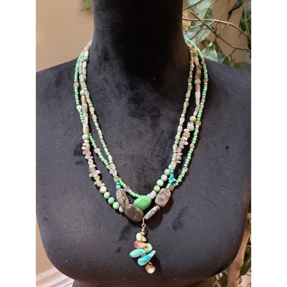 Womens 3 Strand Turquoise Jasper Multi-Stone Beads Lariat Necklace Jewelry - Picture 1 of 6